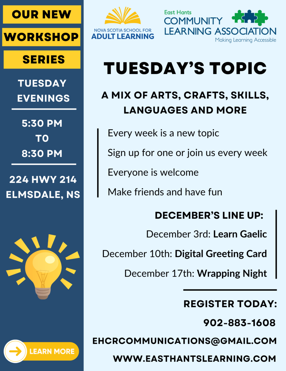 Learning Tuesdays Example New Workshop Series – Tuesday’s Topic – East Hants Community Learning